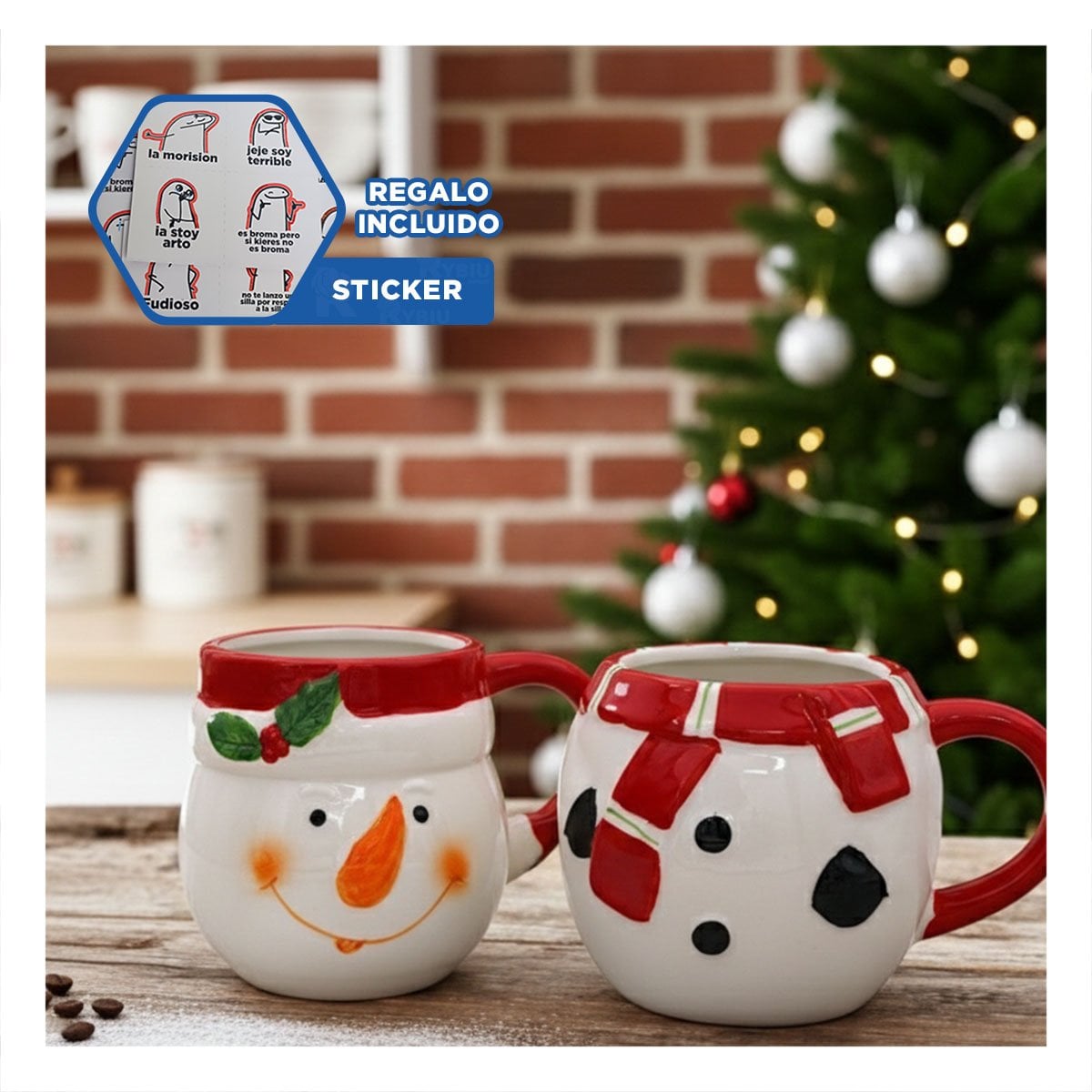 SET 2 TAZAS ENCASTABLES MUNECO DE NIEVE BLANCO SOBRE APARADOR DE COMEDOR YREGALO STICKER - 1
