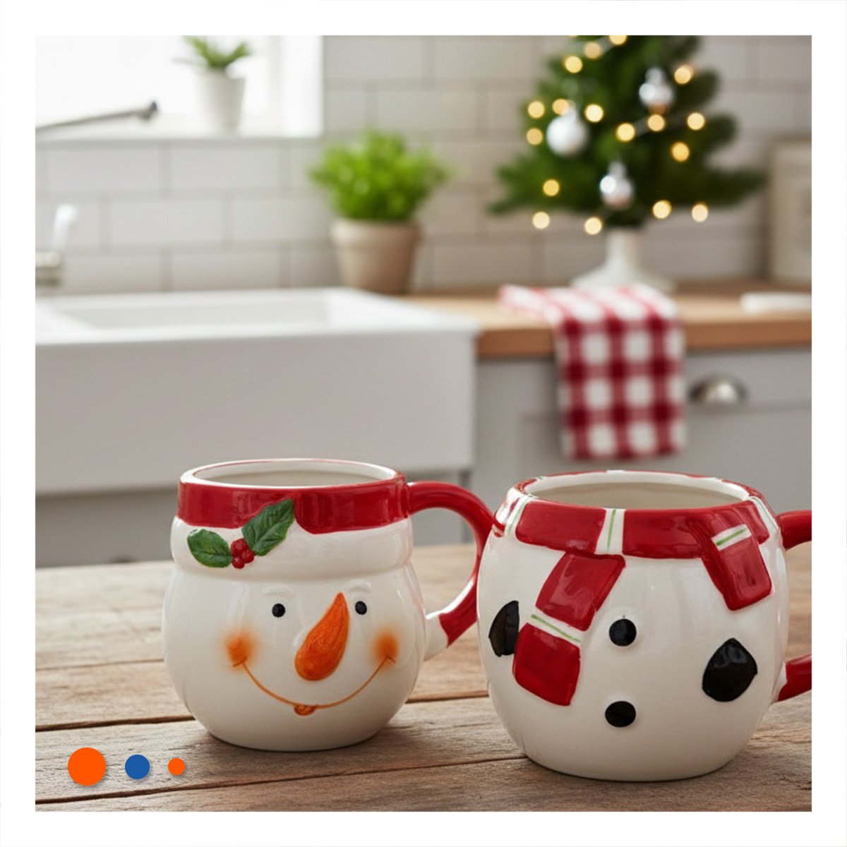 SET 2 TAZAS ENCASTABLES MUNECO DE NIEVE BLANCO SOBRE APARADOR DE COMEDOR YREGALO STICKER - 2