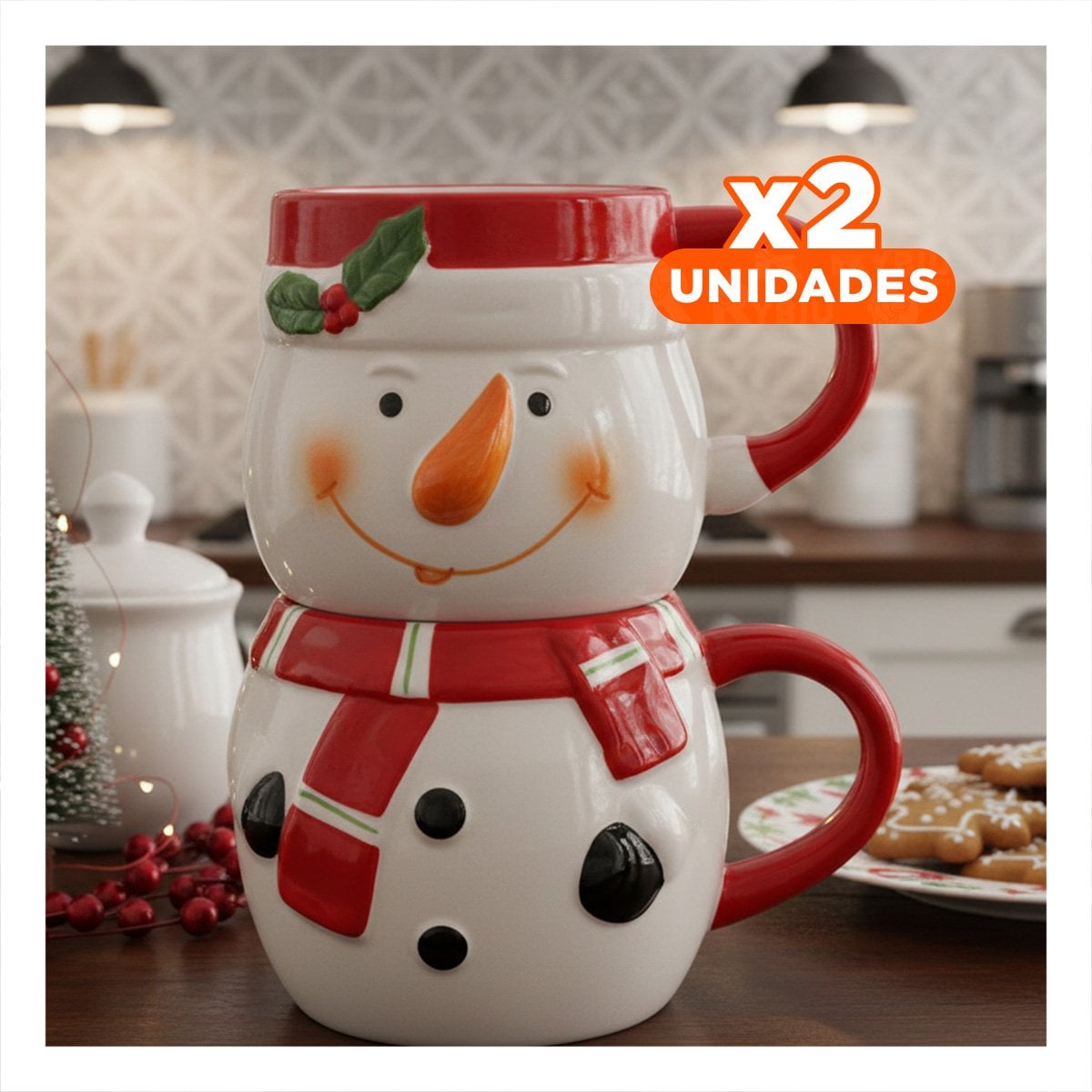 PACK2 BULTO SUPERPONIBLES MUNECO DE NIEVE BLANCO 2 TAZAS SOBRE MESA YREGALO STICKER - 1