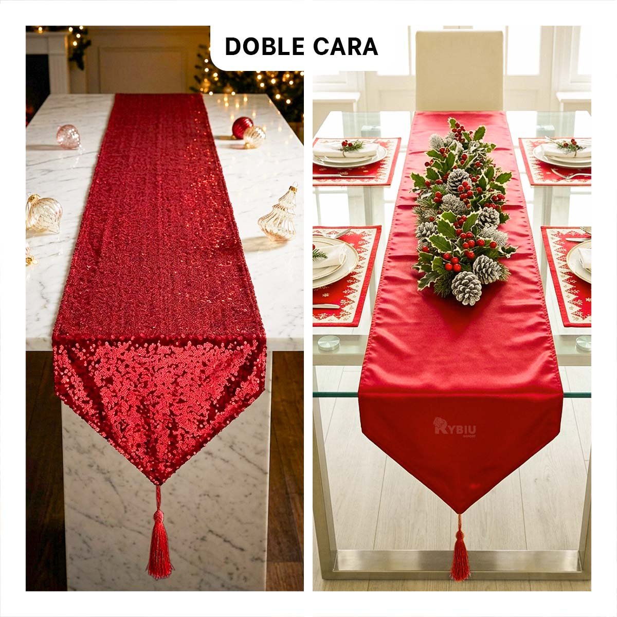 MANTEL DECORATIVO CLASICO RASO Y CON LENTEJUELAS ROJO 2 EN 1 Y LIGAS REGALO - 1