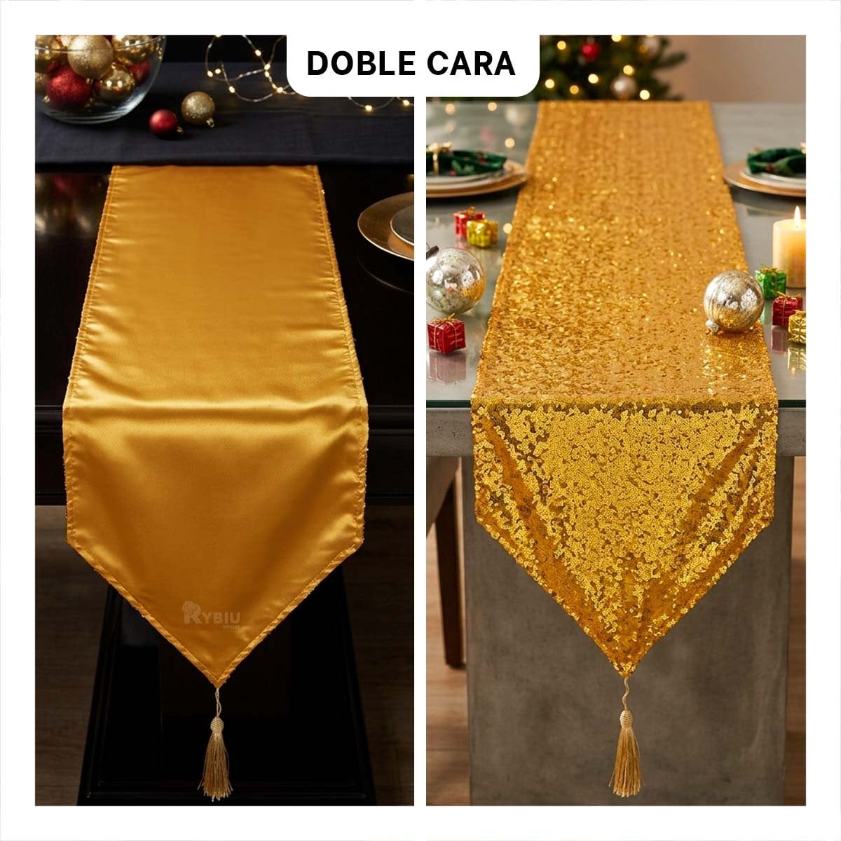 MANTEL DECORATIVO CLASICO RASO Y CON LENTEJUELAS DORADO 2 EN 1 Y LIGAS REGALO - 1