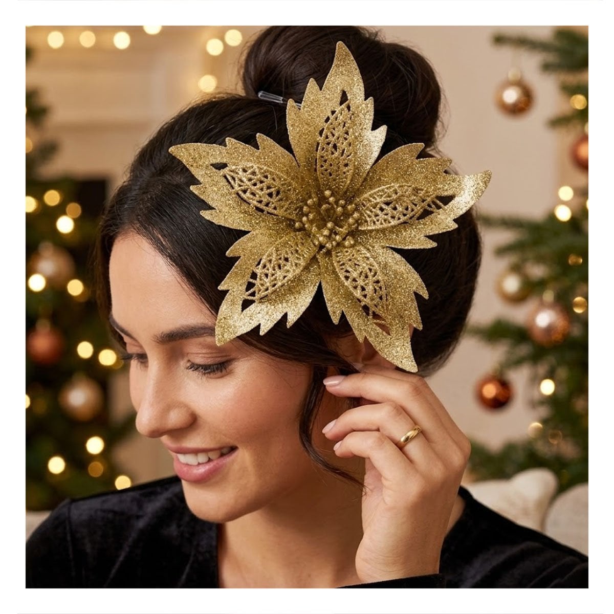ACCESORIO 3 JUEGO DE MINI FLORES DORADO 20CM PARA HOGAR NAVIDENA YPAPEL REGALO - 3