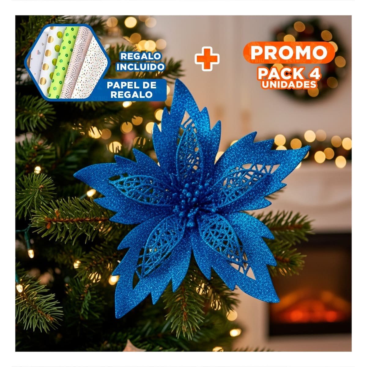 PACK4 ORNAMENTACION 3 AMBIENTACION AZUL ESCARCHADO 20CM PARA HOGAR YPAPEL REGALO - 1