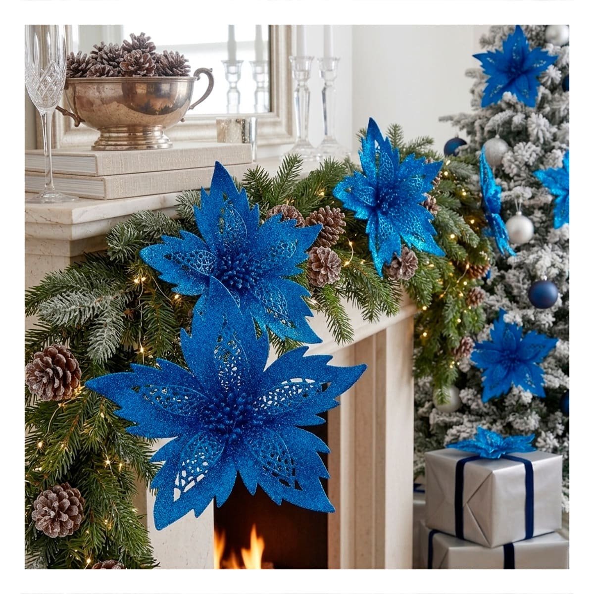 PACK4 ORNAMENTACION 3 AMBIENTACION AZUL ESCARCHADO 20CM PARA HOGAR YPAPEL REGALO - 5