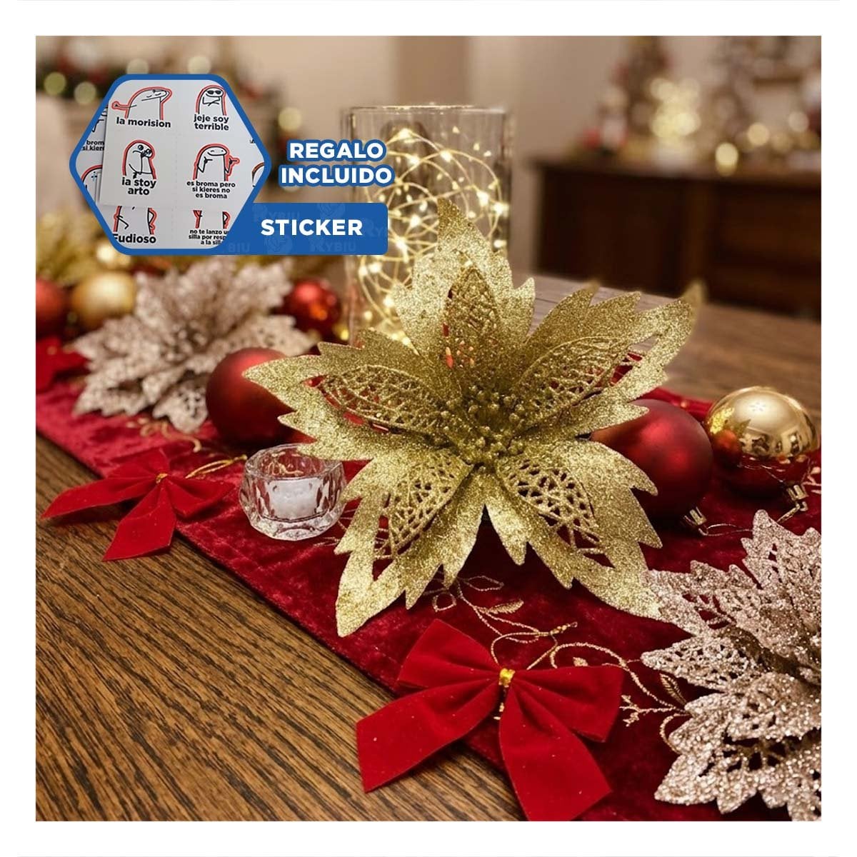 ACCESORIO 3 CONJUNTO FLORAL ESCARCHADO DORADO 20CM DECORATIVO HOGAR YREGALO STICKER - 1