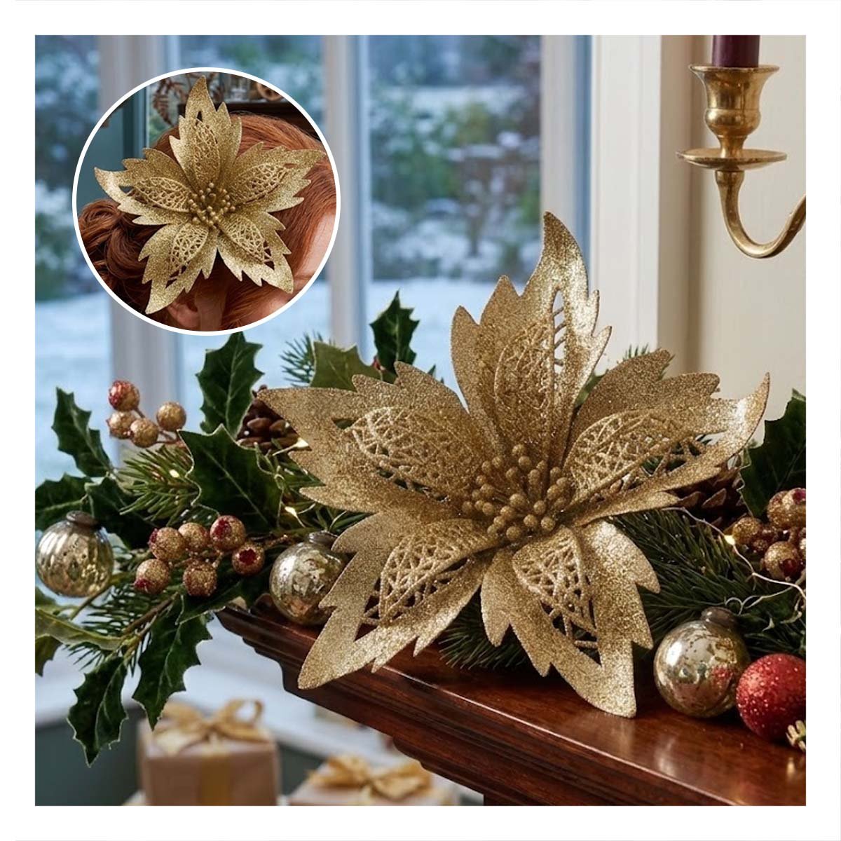 ACCESORIO 3 CONJUNTO FLORAL ESCARCHADO DORADO 20CM DECORATIVO HOGAR YREGALO STICKER - 5