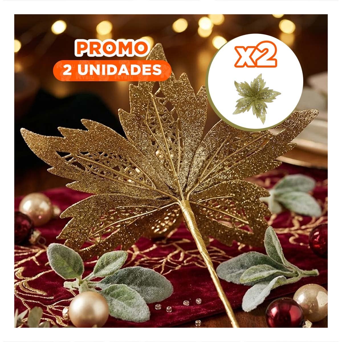 PACK2 ORNAMENTACION 3 JUEGO DE FLORES ESCARCHADAS DORADO 20CM ESTILO HOGAR YREGALO STICKER - 1