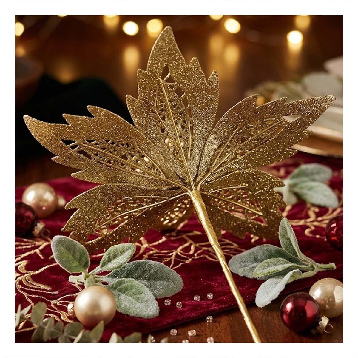 PACK2 ORNAMENTACION 3 JUEGO DE FLORES ESCARCHADAS DORADO 20CM ESTILO HOGAR YREGALO STICKER - 3