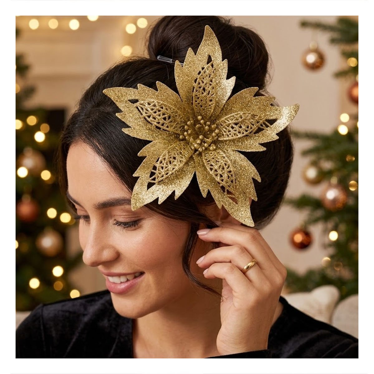 PACK2 ORNAMENTACION 3 JUEGO DE FLORES ESCARCHADAS DORADO 20CM ESTILO HOGAR YREGALO STICKER - 5