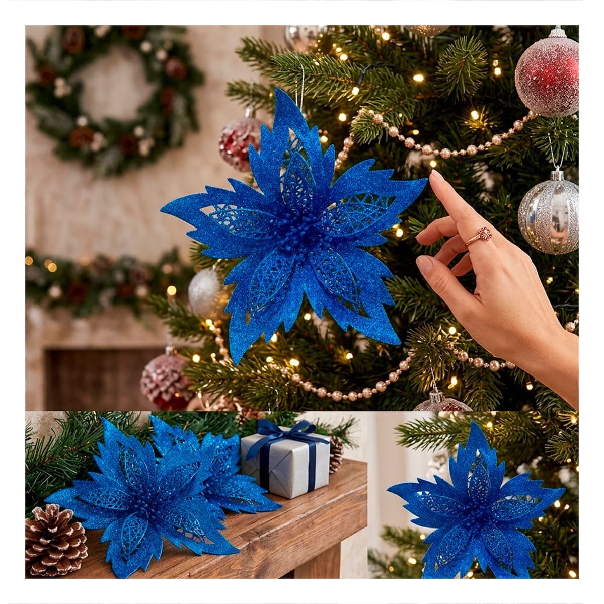 ACCESORIO 3 AZUL ESCARCHADO CON FLORES 20CM PARA CASA Y DECORACION - 1