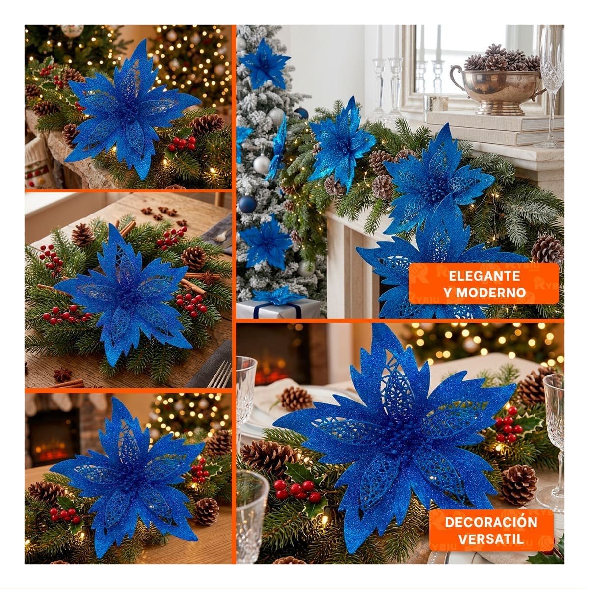 ACCESORIO 3 AZUL ESCARCHADO CON FLORES 20CM PARA CASA Y DECORACION - 5