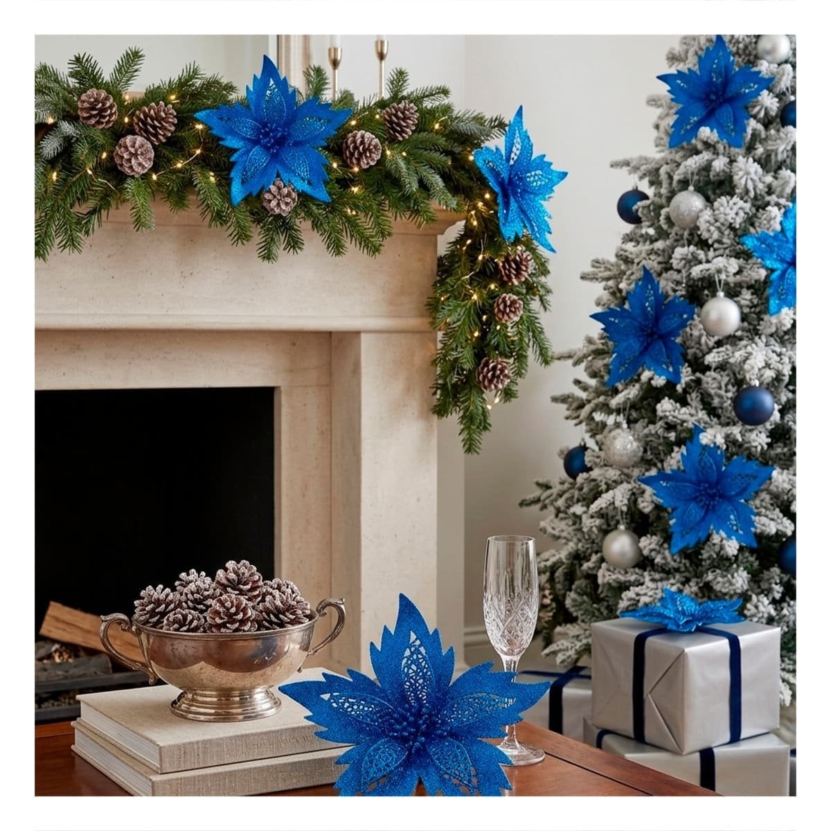 PACK2 ORNAMENTACION 3 JUEGO DE FLORES ESCARCHADAS AZUL 20CM ESTILO HOGAR YREGALO STICKER - 3