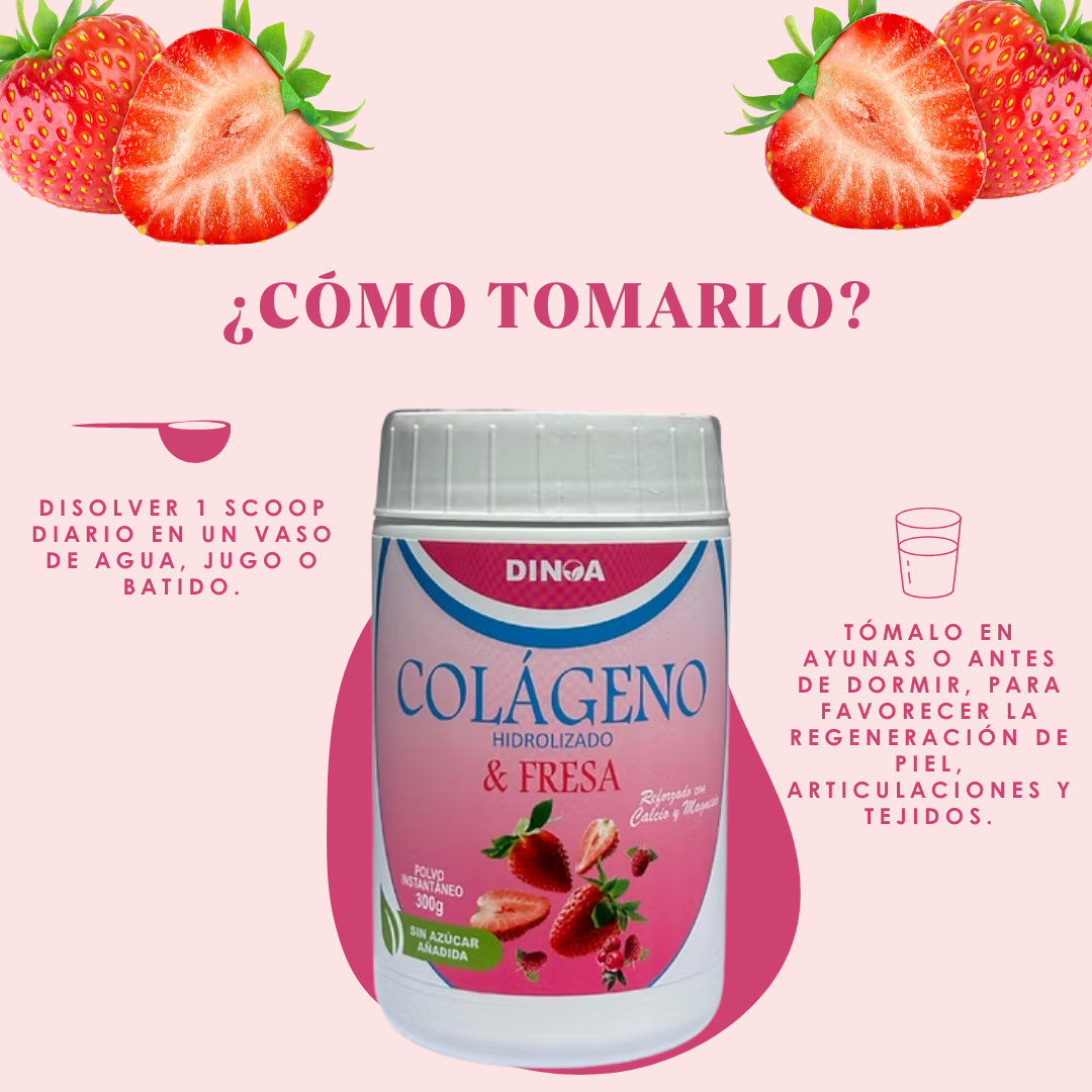 COLÁGENO HIDROLIZADO CON FRESA  DINOA POTE X 300G - PIEL – CABELLO – UÑAS - 3