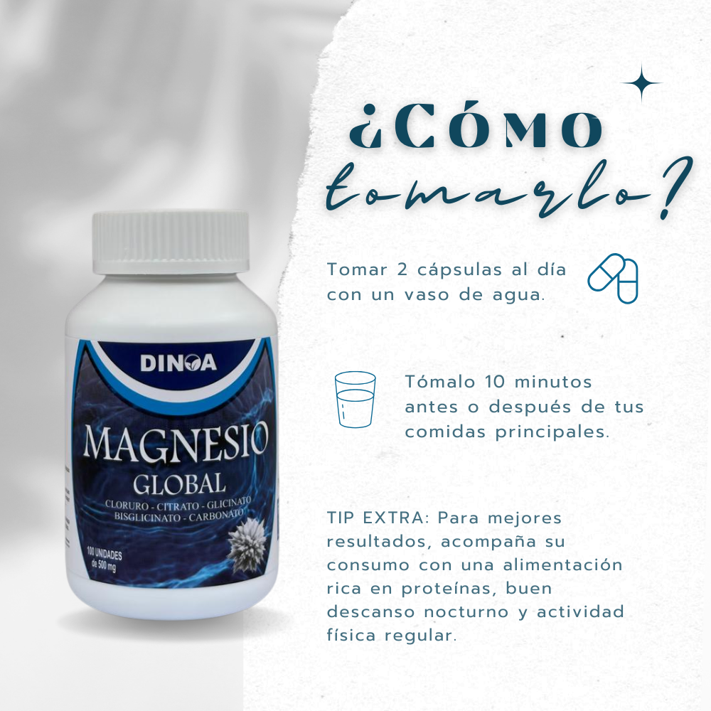 MAGNESIO GLOBAL DINOA X 100 CÁPSULAS  /APOYO MUSCULAR/ NERVIOSO/ENERGÍA NATURAL - 3