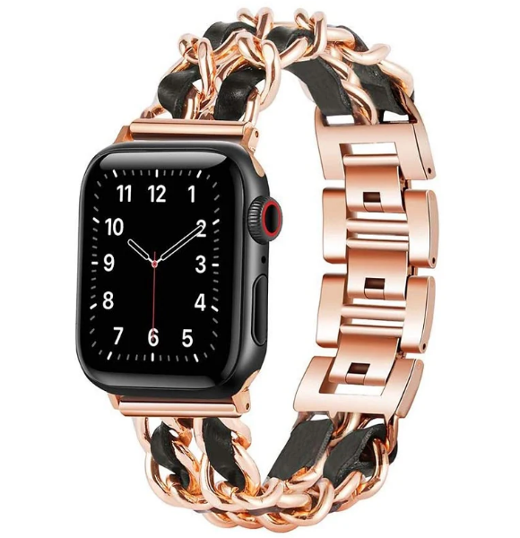 CORREA PARA APPLE WATCH 45 MM ESLABON METAL CON CUERO BRONCE/ NEGRO - 1