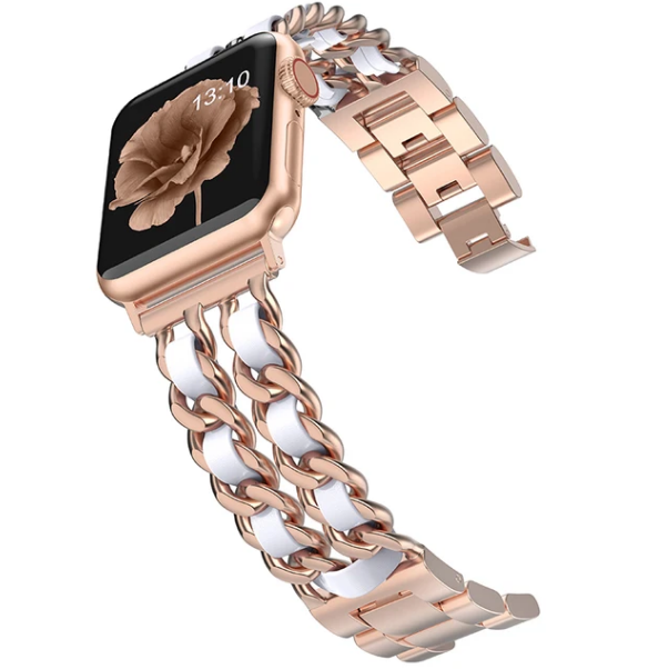 CORREA PARA APPLE WATCH 44 MM ESLABON METAL CON CUERO BRONCE / BLANCO - 1