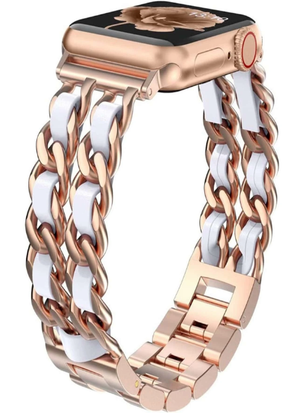 CORREA PARA APPLE WATCH 44 MM ESLABON METAL CON CUERO BRONCE / BLANCO - 2
