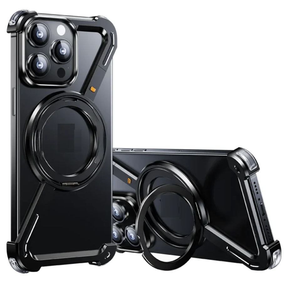FUNDA DE TITANIO PARA IPHONE 15 PRO MAX SOPORTE GIRATORIO DE 360 - NEGRO - 1