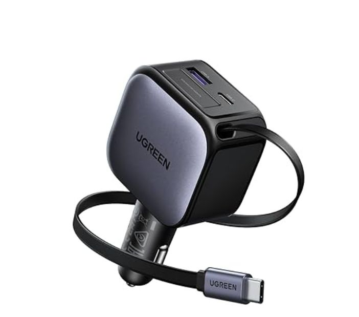 CARGADOR PARA AUTO UGREEN 60W USB-C RETRÁCTIL  TRIPLE PUERTO  CARGA RÁPIDA - 1