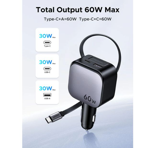 CARGADOR PARA AUTO UGREEN 60W USB-C RETRÁCTIL  TRIPLE PUERTO  CARGA RÁPIDA - 4