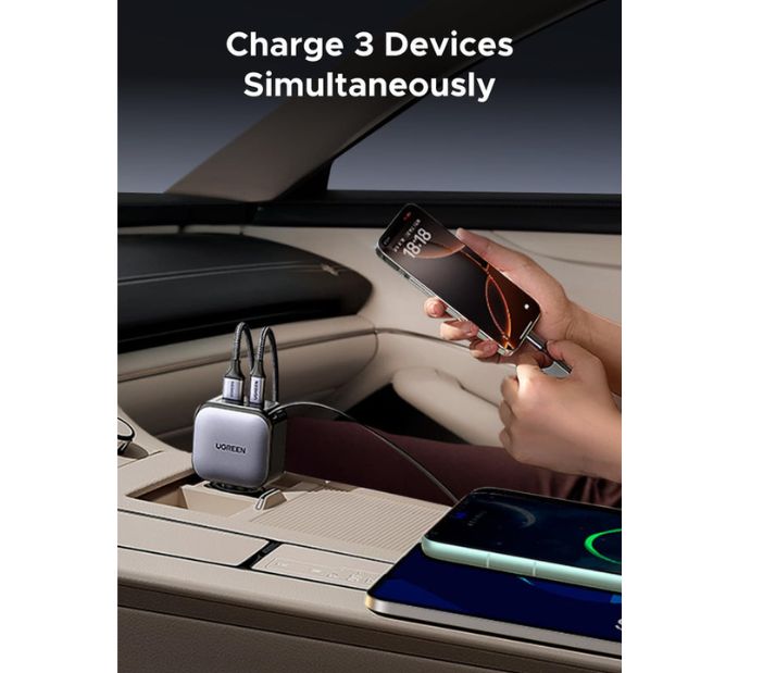CARGADOR PARA AUTO UGREEN 60W USB-C RETRÁCTIL  TRIPLE PUERTO  CARGA RÁPIDA - 6