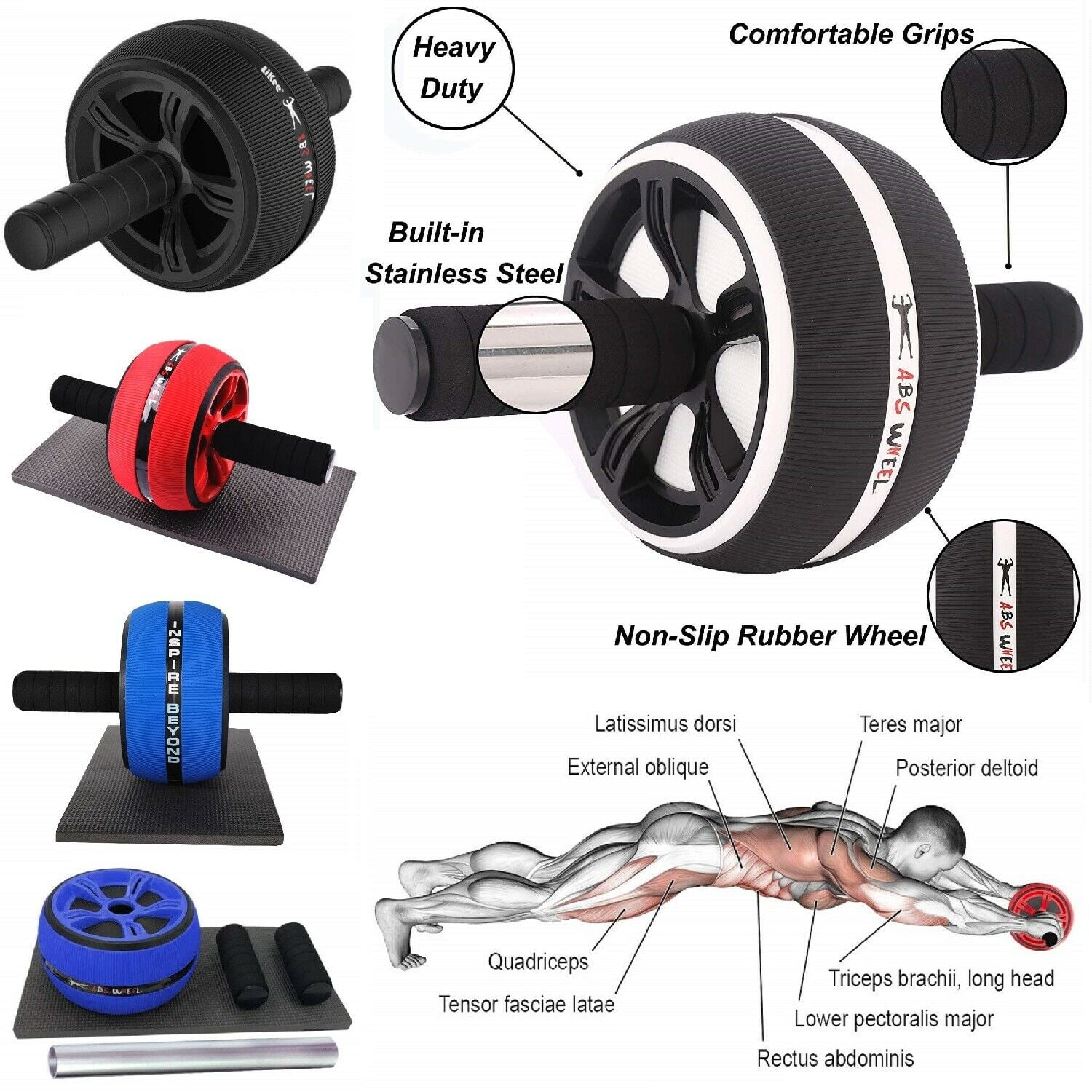 RUEDA ABDOMINALES ANTIDESLIZANTE CON PAD DE RODILLA NEGRO CON BLANCO - 2