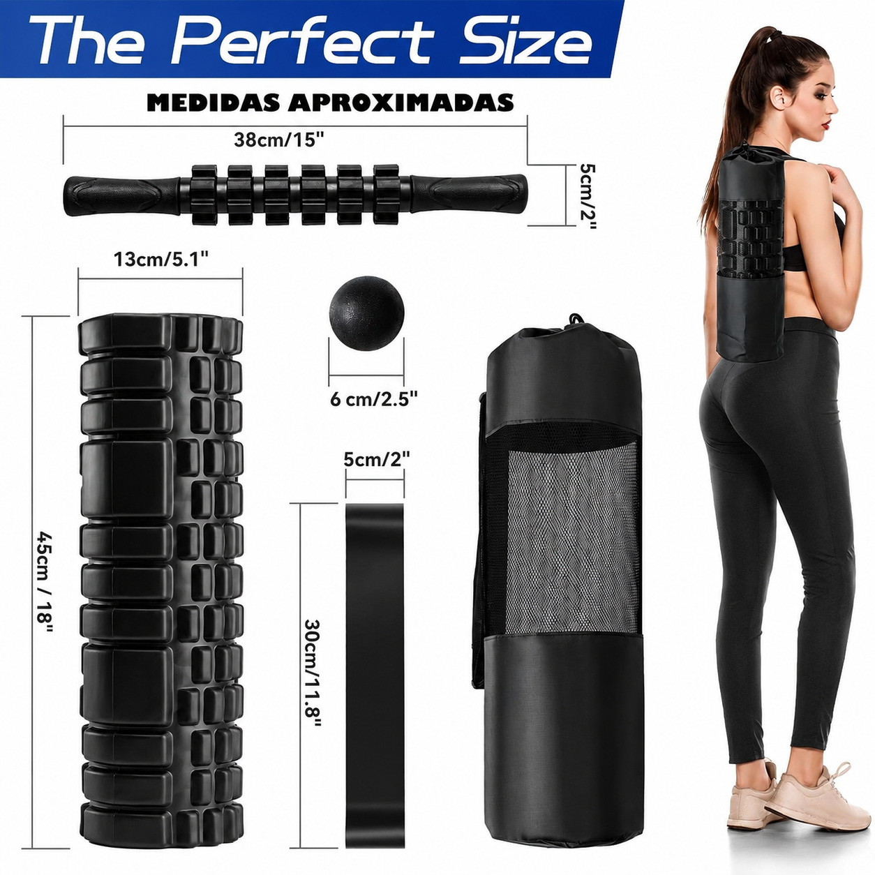 FOAM ROLLER 45 CM 4 EN 1 RODILLO MASO BANDA BOLA DE MASAJE NEGRO - 3