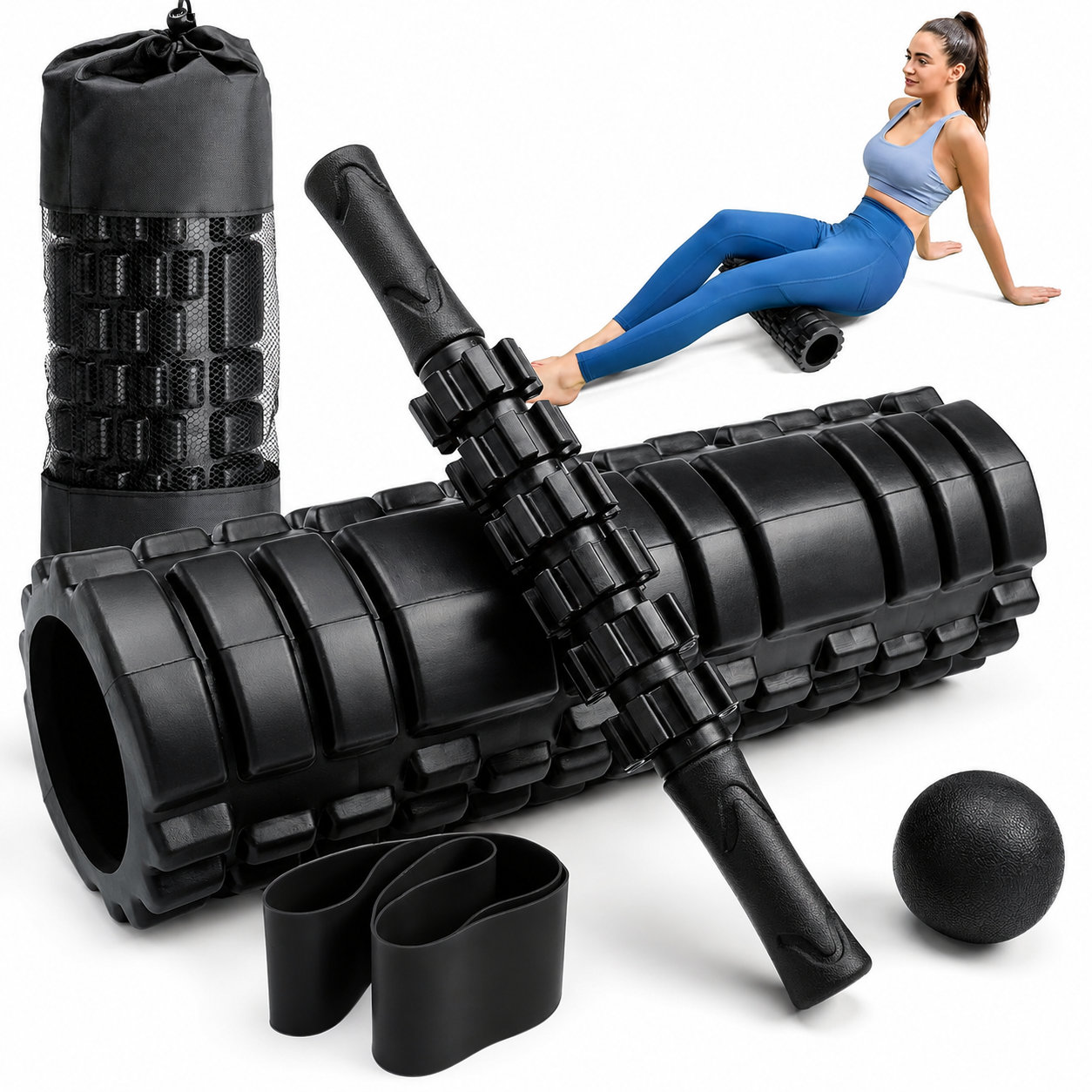 FOAM ROLLER 45 CM 4 EN 1 RODILLO MASO BANDA BOLA DE MASAJE NEGRO - 7
