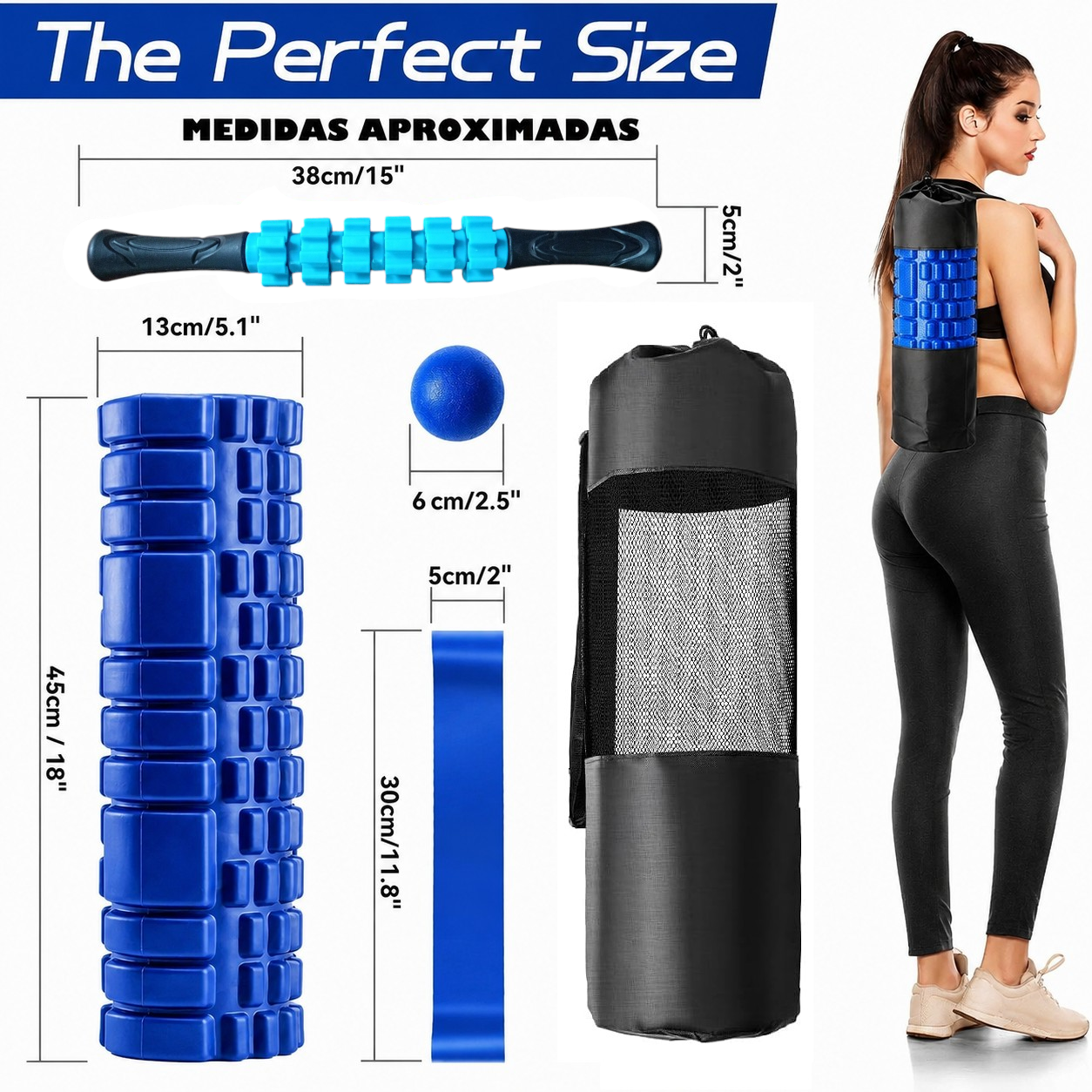 FOAM ROLLER 45 CM 4 EN 1 RODILLO MASO BANDA BOLA DE MASAJE AZUL - 2