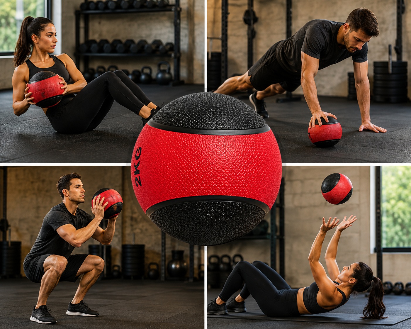 PELOTA BALÓN MEDICINAL PESO 2 KG CON REBOTE FUNCIONAL CROSSFIT ROJO - 3