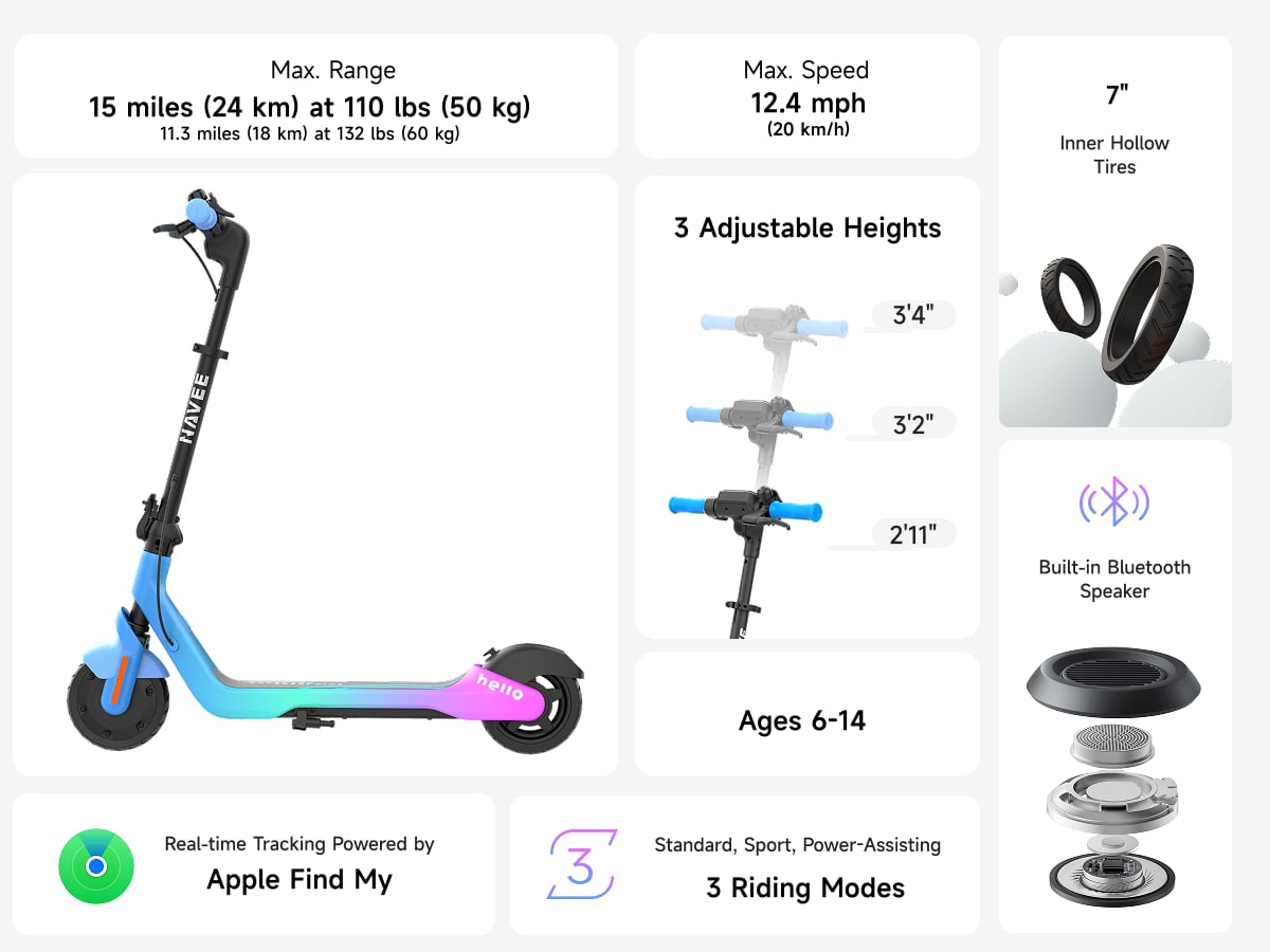 SCOOTER ELÉCTRICO INFANTIL NAVEE K100 MAX 260W 24KM AUTONOMÍA 16KM/H FIND MY Y PARLANTE - 10