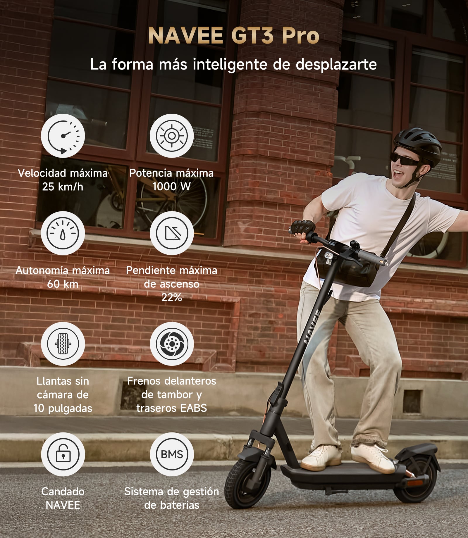 SCOOTER ELÉCTRICO NAVEE GT3 PRO-E 1000W 60KM AUTONOMÍA 25KM/H DOBLE SUSPENSIÓN - 6