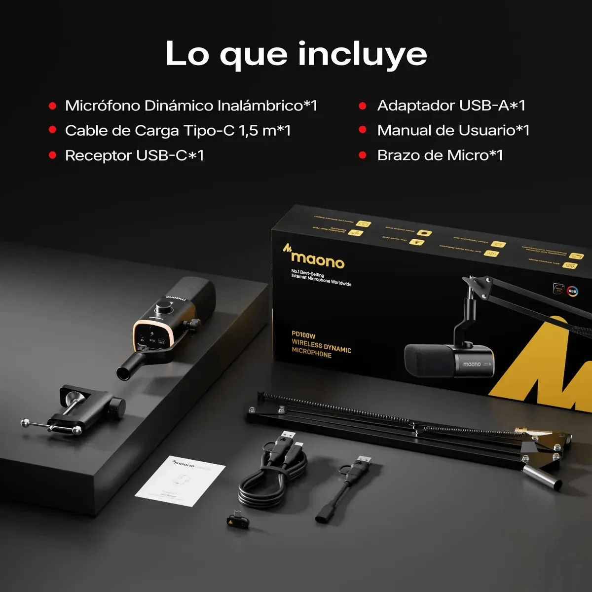MICRÓFONO DINÁMICO INALÁMBRICO MAONO PD100WS USB-C RGB PARA GAMING STREAMING Y PODCAST NEGRO - 2