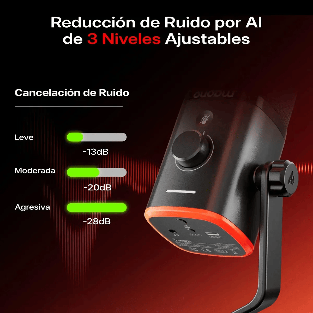 MICRÓFONO DINÁMICO INALÁMBRICO MAONO PD100WS USB-C RGB PARA GAMING STREAMING Y PODCAST NEGRO - 5