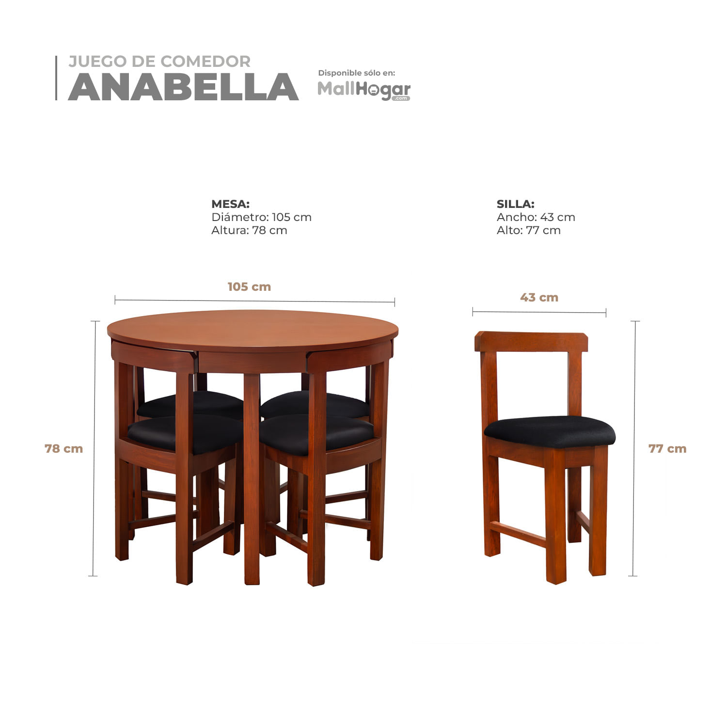 JUEGO COMEDOR MALLHOGAR ANABELLA 4 SILLAS NEGRO CIRCULAR - 5