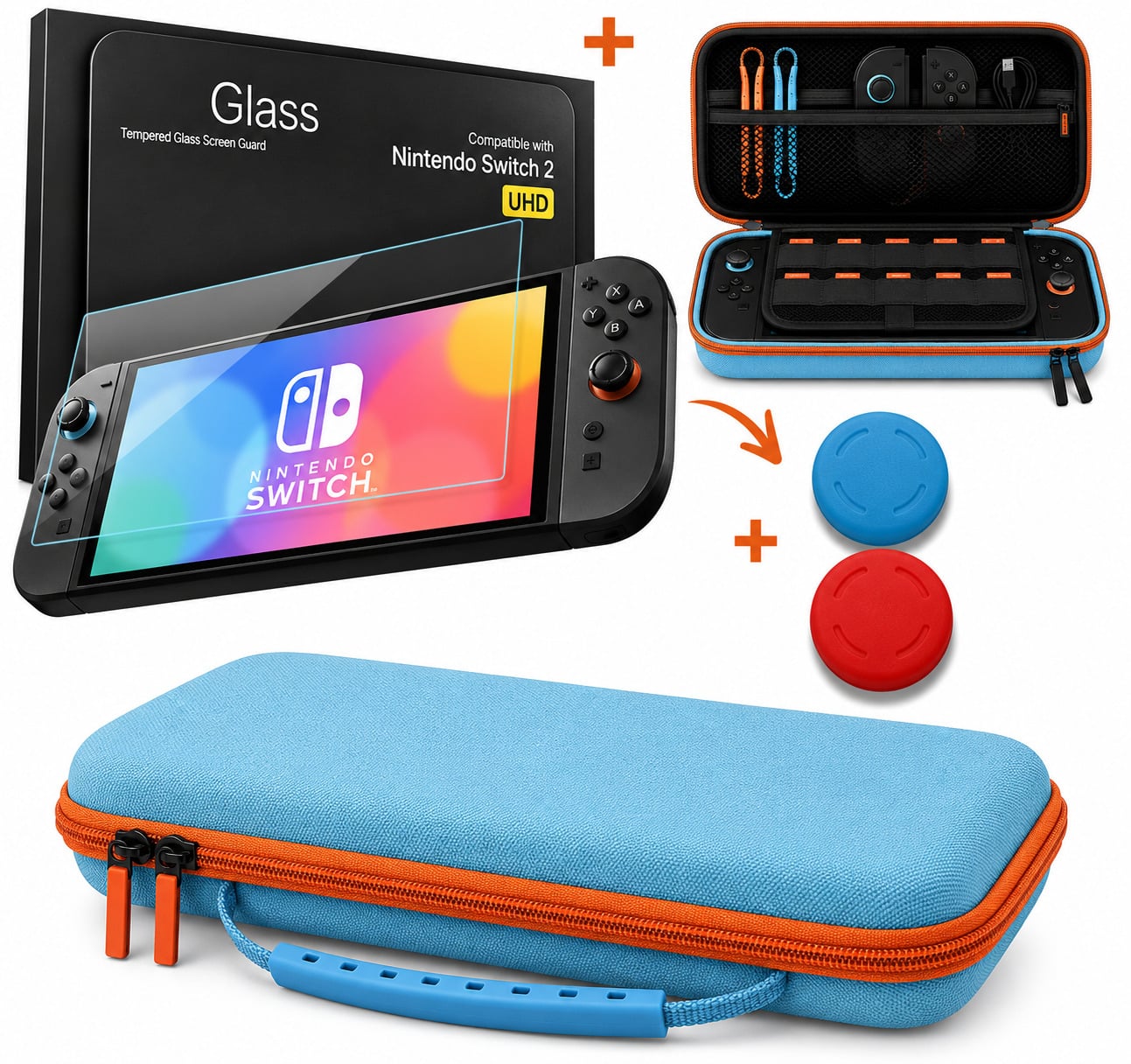 FUNDA + MICA PARA NINTENDO SWITCH 2 RÍGIDA EVA VIAJE 24 ESPACIOS GRIP -CELESTE - 1