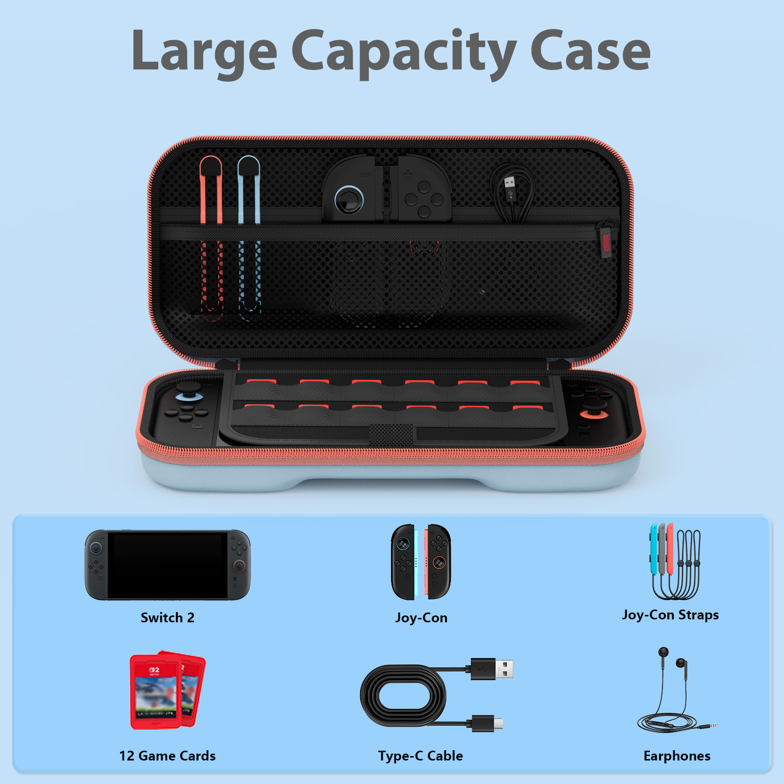 FUNDA + MICA PARA NINTENDO SWITCH 2 RÍGIDA EVA VIAJE 24 ESPACIOS GRIP -CELESTE - 2