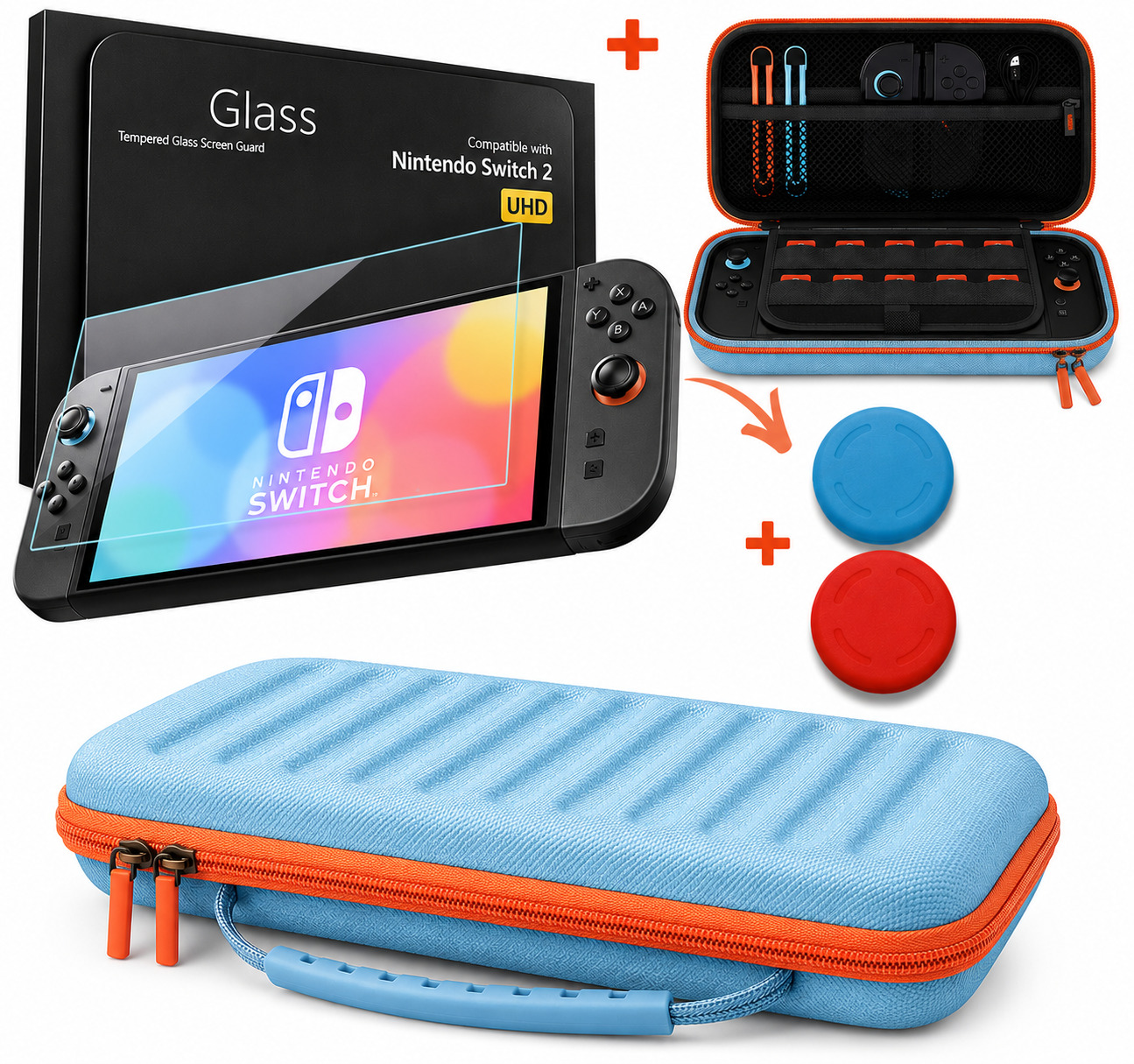 FUNDA PREMIUN + MICA PARA NINTENDO SWITCH 2 RÍGIDA EVA VIAJE 24 ESPACIOS MALLA -CELESTE - 1