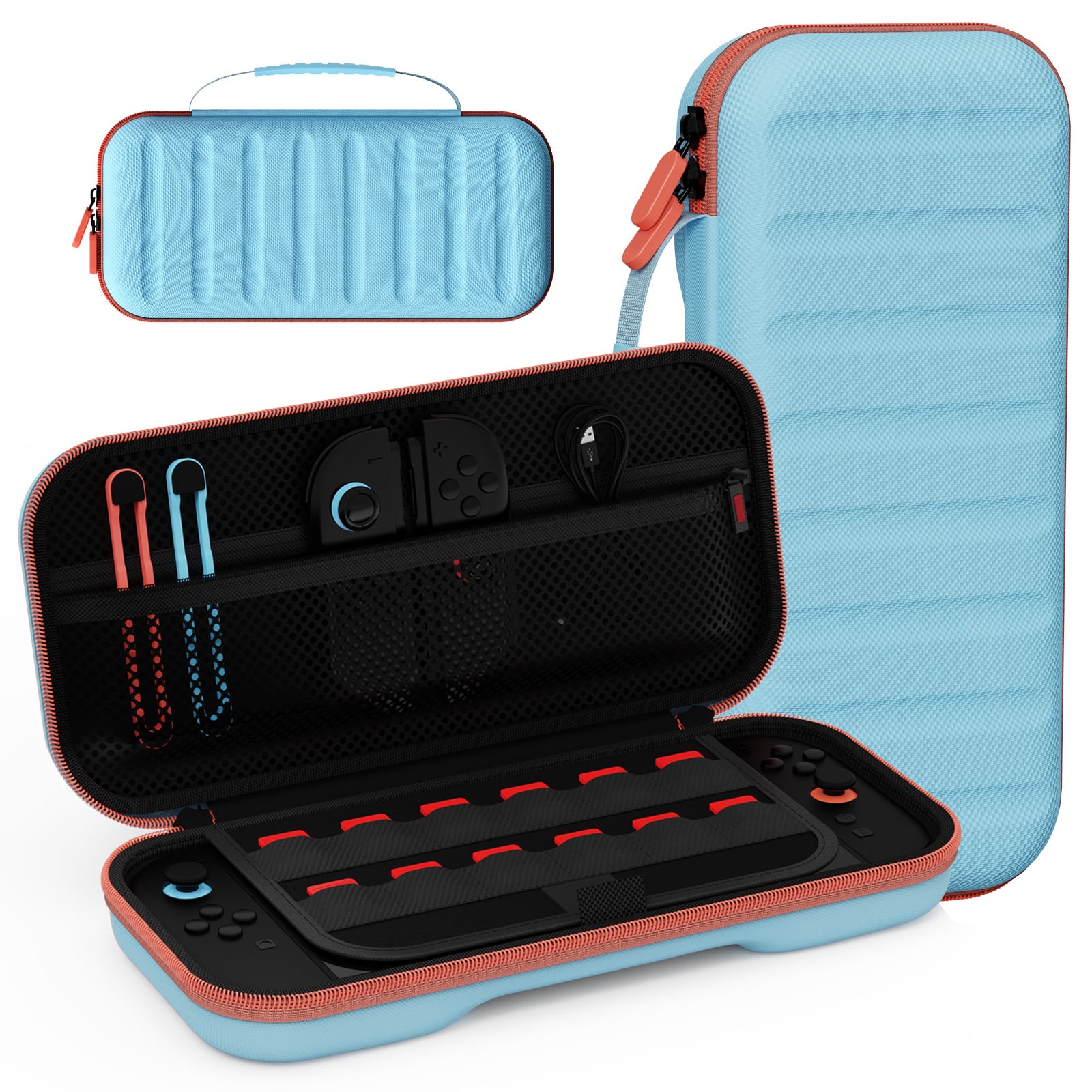 FUNDA PREMIUN + MICA PARA NINTENDO SWITCH 2 RÍGIDA EVA VIAJE 24 ESPACIOS MALLA -CELESTE - 3