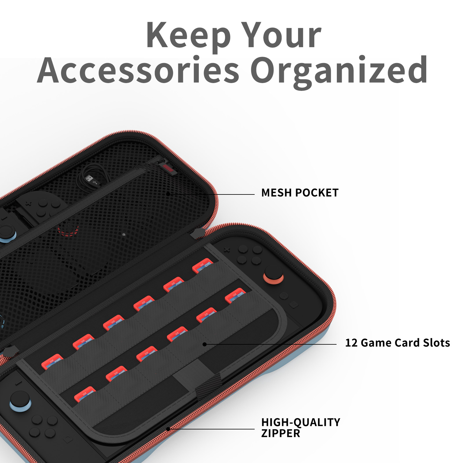 FUNDA PREMIUN + MICA PARA NINTENDO SWITCH 2 RÍGIDA EVA VIAJE 24 ESPACIOS MALLA -CELESTE - 7
