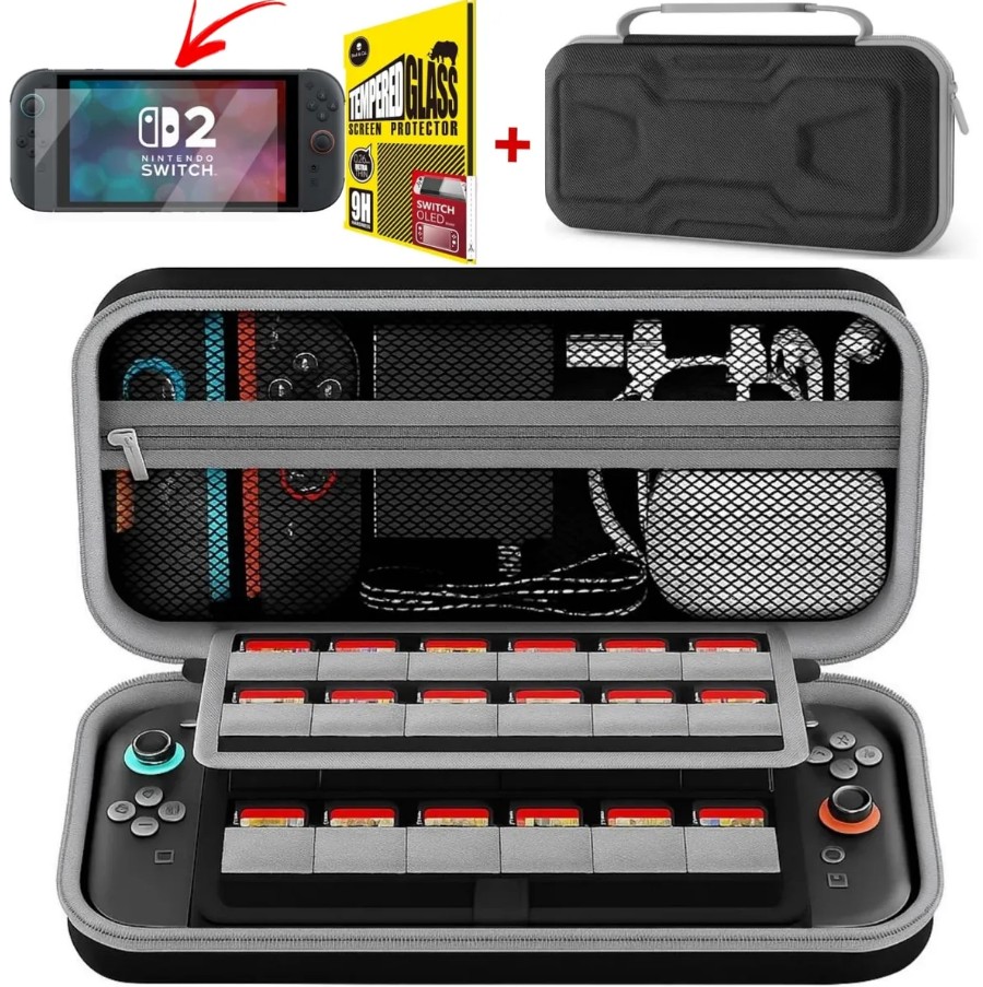 MICA + ESTUCHE CASE RÍGIDO GRANDE PROTECTOR PARA NINTENDO SWITCH 2 2025 - NEGRO CASE XL - 1