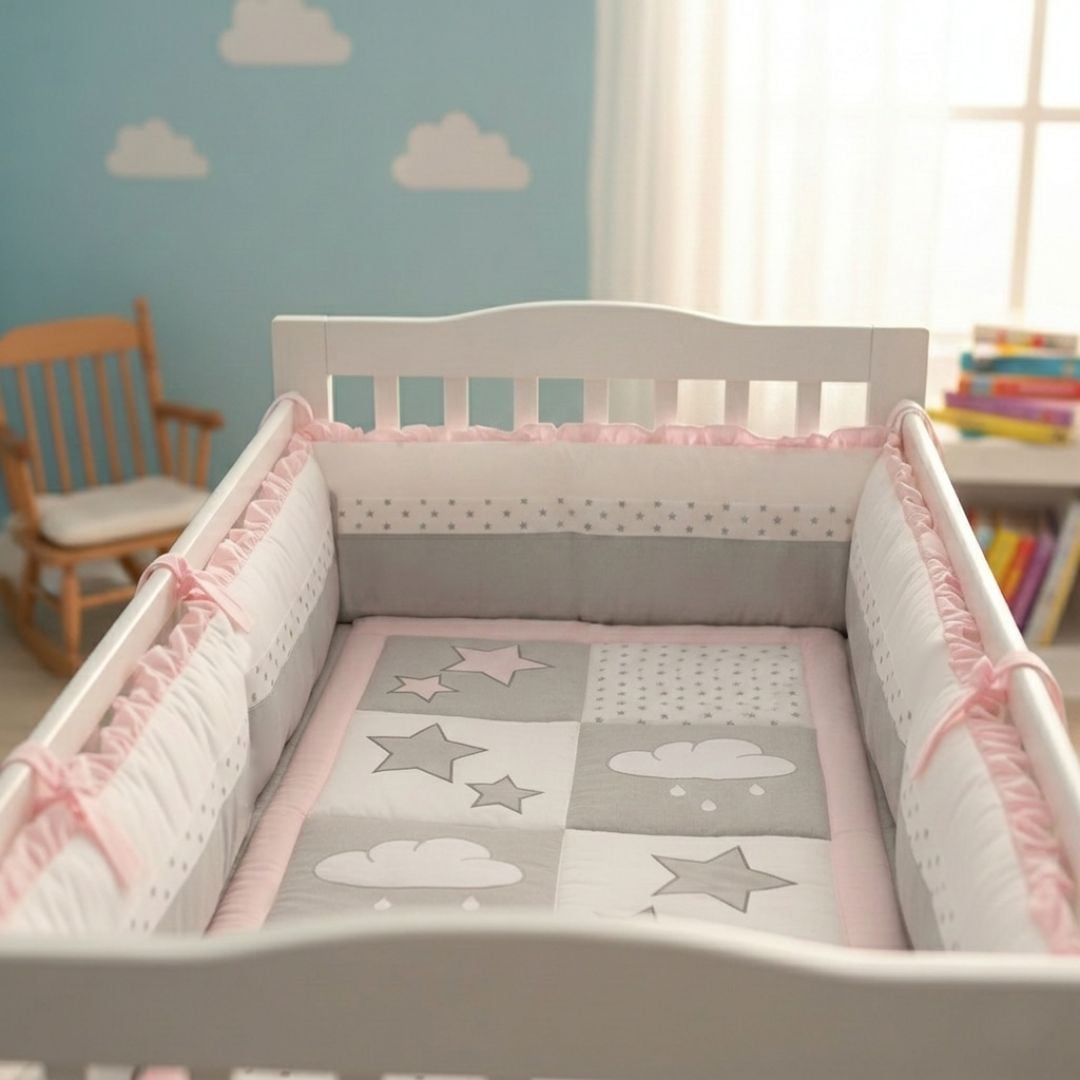 SET CUNA BABYTU ALGODÓN ROSADO BORDADO DISEÑO NUBES Y ESTRELLITAS BORDDADO NIÑA - 3