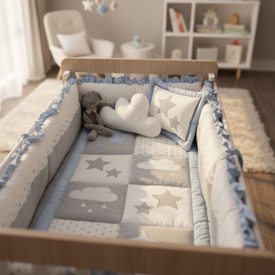 SET CUNA BABYTU CELESTE BORDADO DISEÑO NUBES Y ESTRELITAS NIÑO - 2