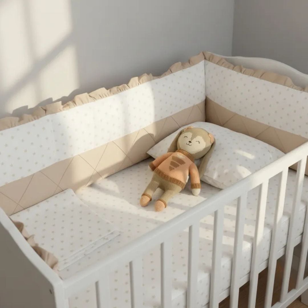 PROTECTOR CUNA BABYTU ALGODÓN BEIGE LATERAL PARACHOQUES DISEÑO Y ESTRELLITAS - 5
