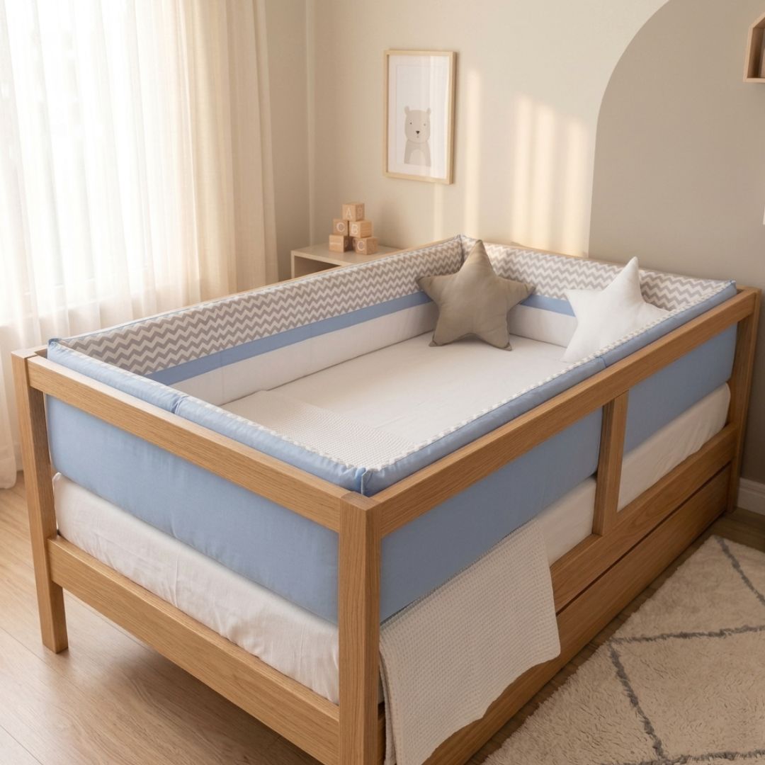 PROTECTORES CUNA BABYTU 1.5 PLAZAS CELESTE ESTAMPADOS LATERALES PARACHOQUES CAMA MONTESSORI - 1