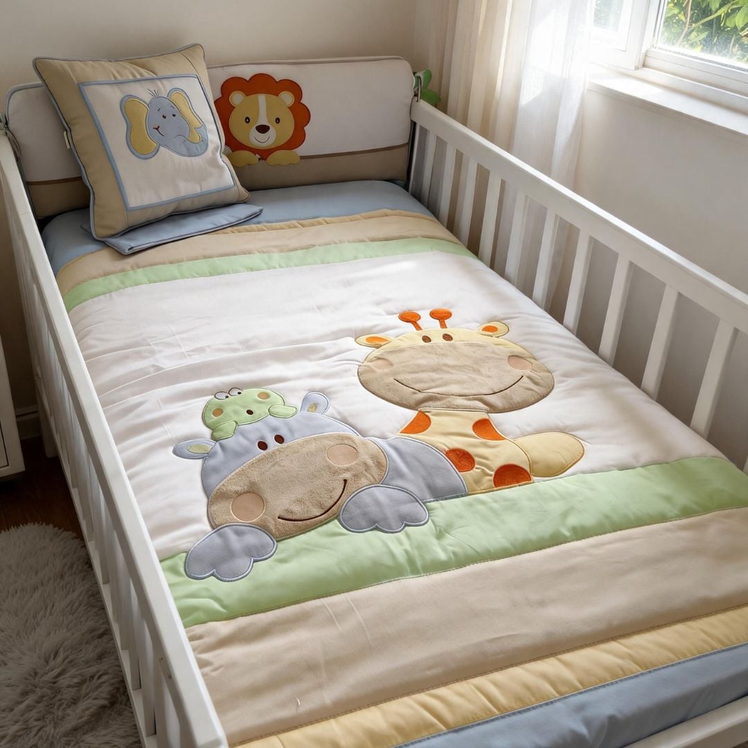 EDREDÓN DE CUNA ESTANDAR DISEÑO SAFARI BORDADO - NIÑO - 1