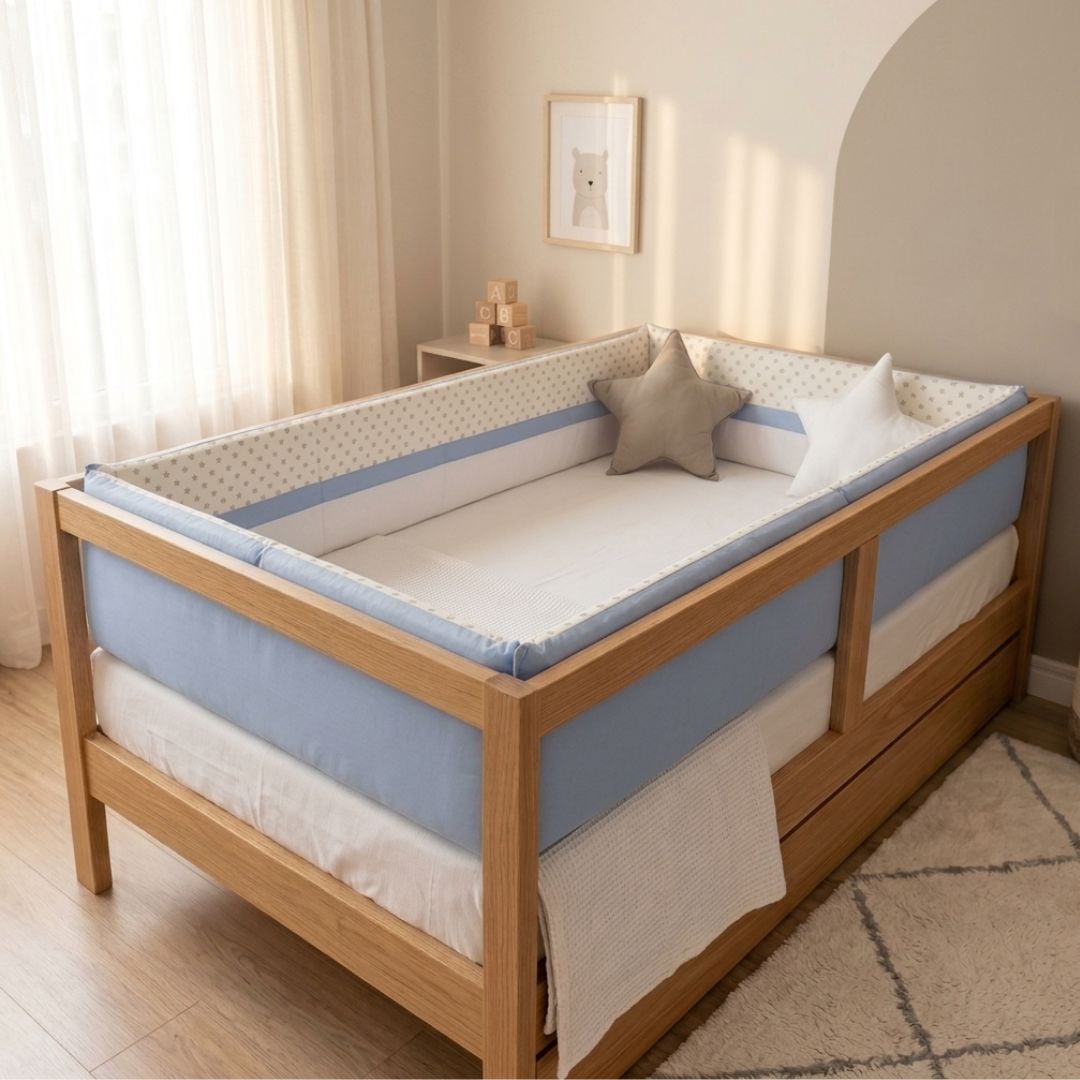 PROTECTORES LATERALES PARACHOQUE DE CAMA CUNA MONTESSORI 1.5 PLAZAS DISEÑO ZIG ZAG, BLANCO , CELESTE - 1