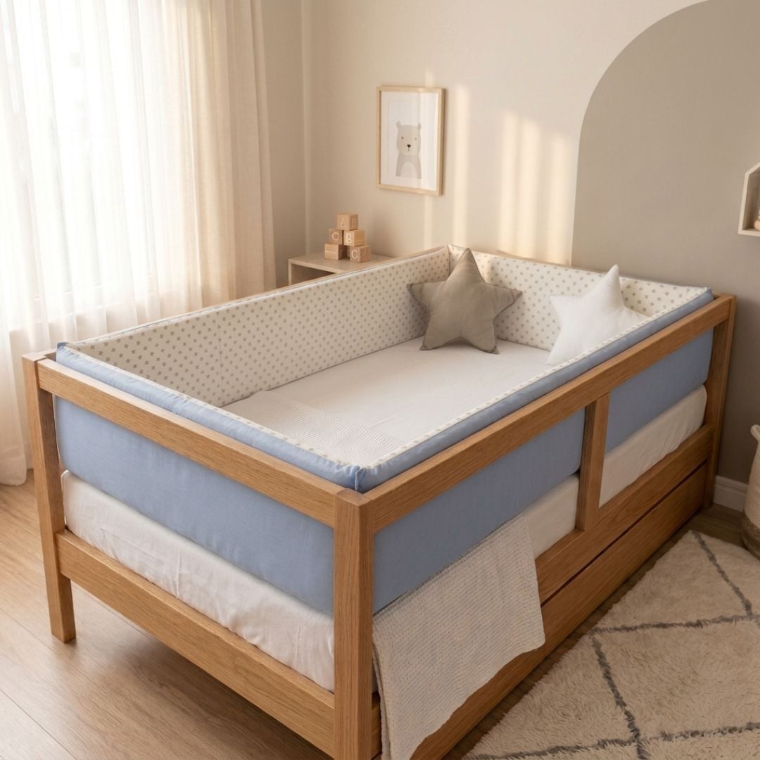 PROTECTORES LATERALES PARACHOQUES DE CAMA CUNA MONTESSORI  TALLA 1.5 PLAZAS DISEÑO  ESTRELLITAS - NIÑO - 1