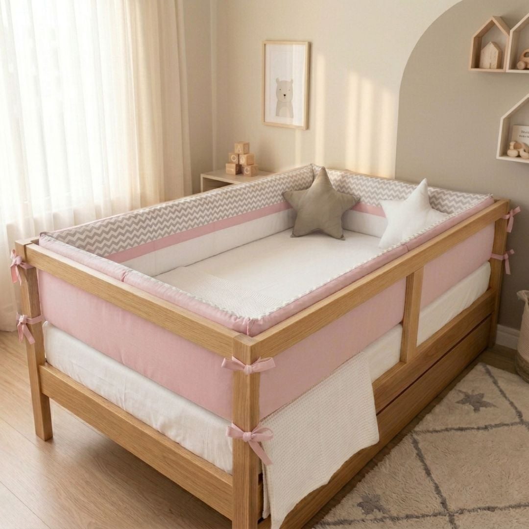 PROTECTORES LATERALES PARACHOQUES MONTESSORI TALLA 1.5 PLAZAS DISEÑO ZIG ZAG ,BLANCO Y ROSADO - 1