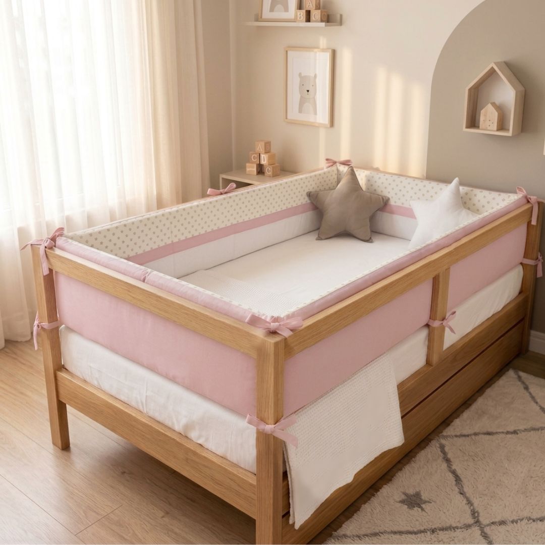 PROTECTORES LATERALES PARACHOQUES MONTESSORI TALLA 1.5 PLAZAS DISEÑO ESTRELLITAS, BLANCO Y ROSADO - 1